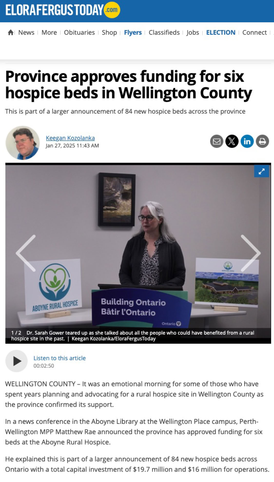 News article about Ministy of Health approval for six beds at Aboyne Rural Hopsice