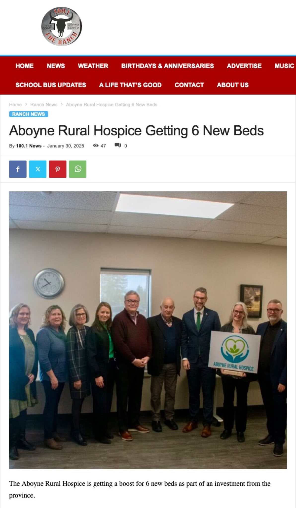 January 30, 2025 news article about Ministry of Health approval for Aboyne Rural Hospice  