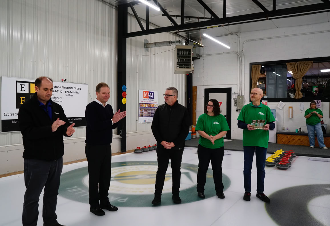 MPP Ted Arnott and Mayor Shawn  Watters with 2024 Curl For A Cause organizers.