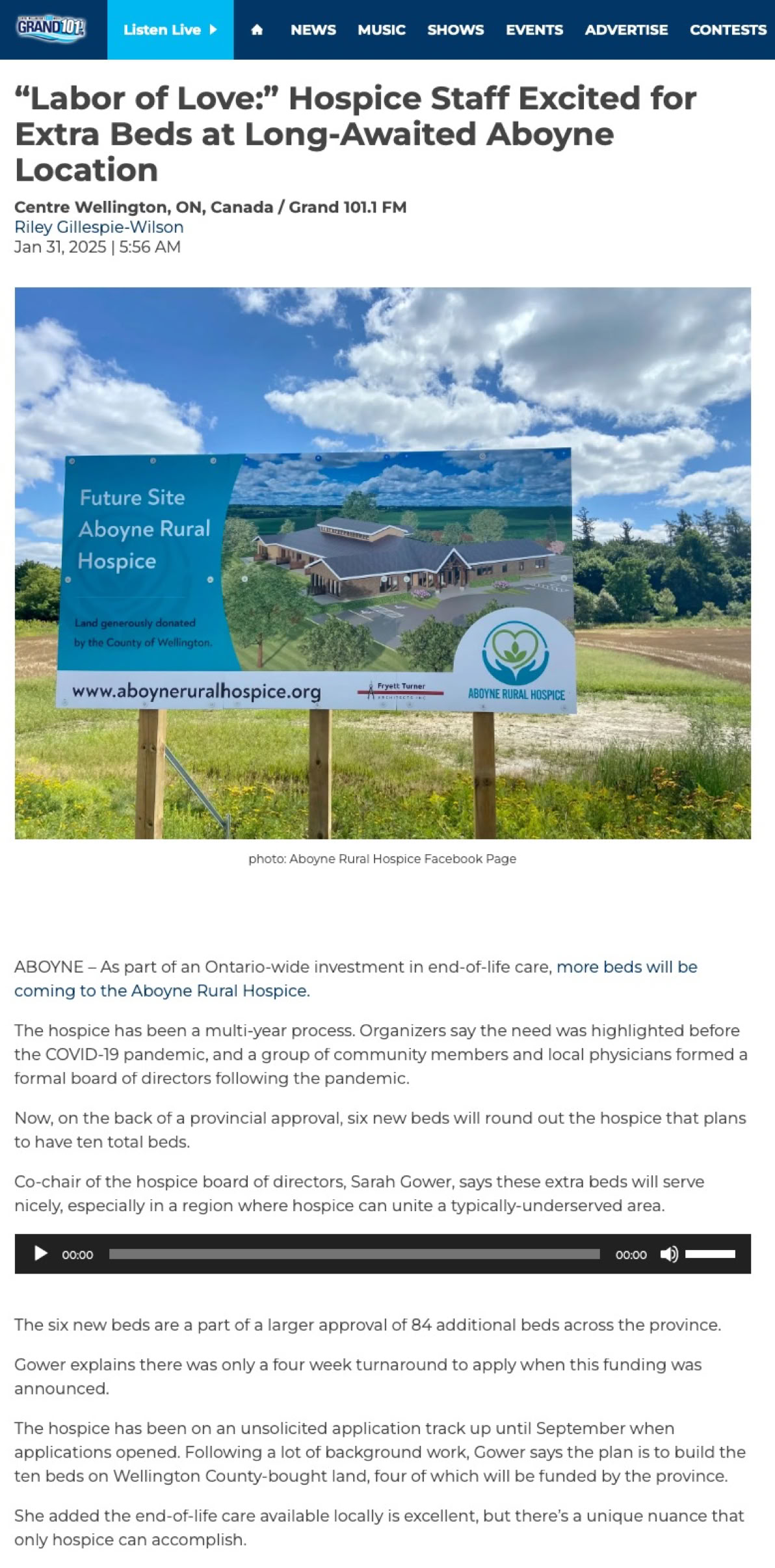January 31, 2025 article describing Ministry approval for six beds at Aboyne Rural Hospice